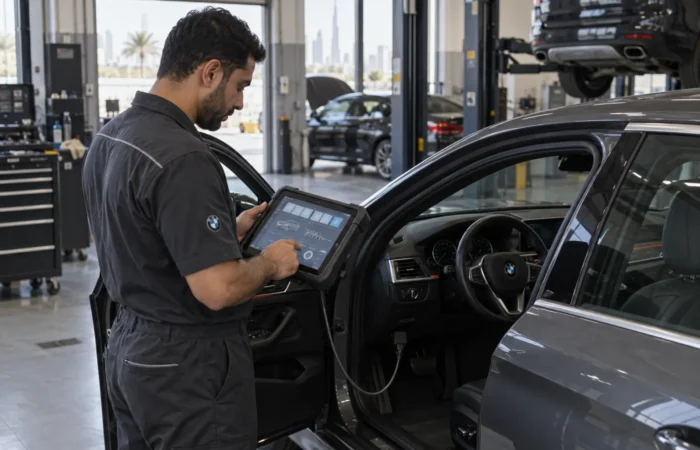 Technician reading BMW module data with a diagnostic tablet beside a grey BMW