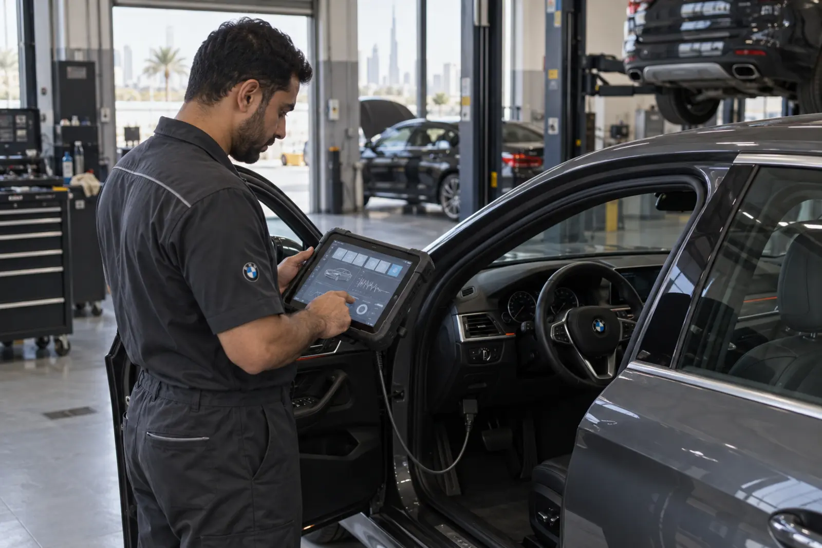 Technician using a diagnostic tablet beside a grey BMW