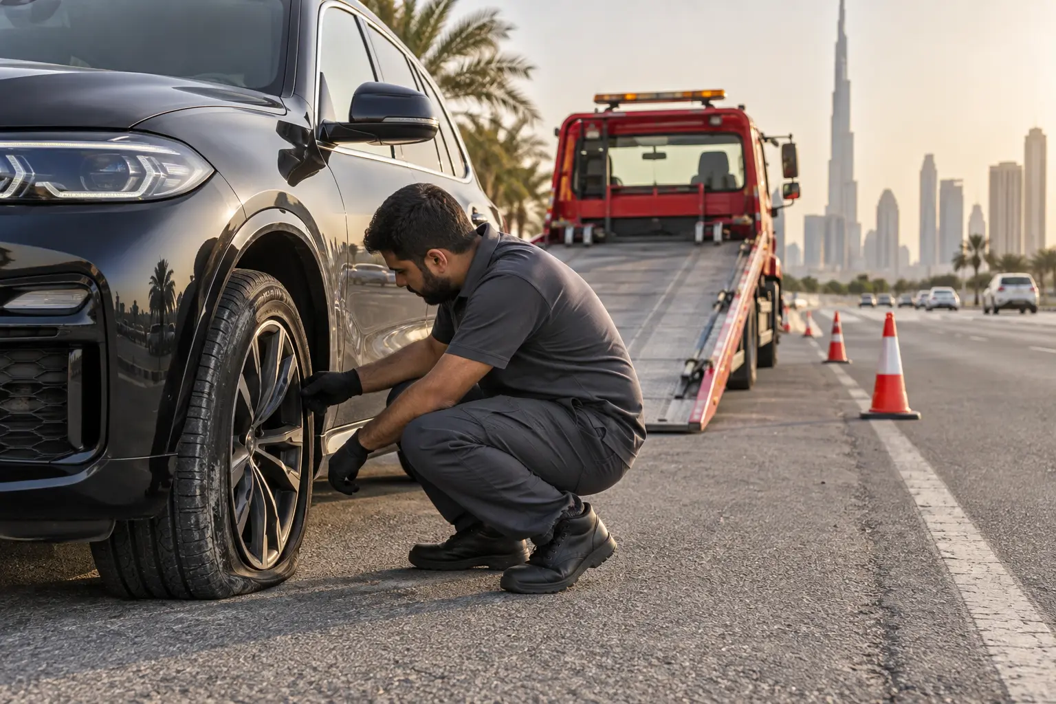 Illustration of a technician inspecting a BMW tire before flatbed recovery in Dubai