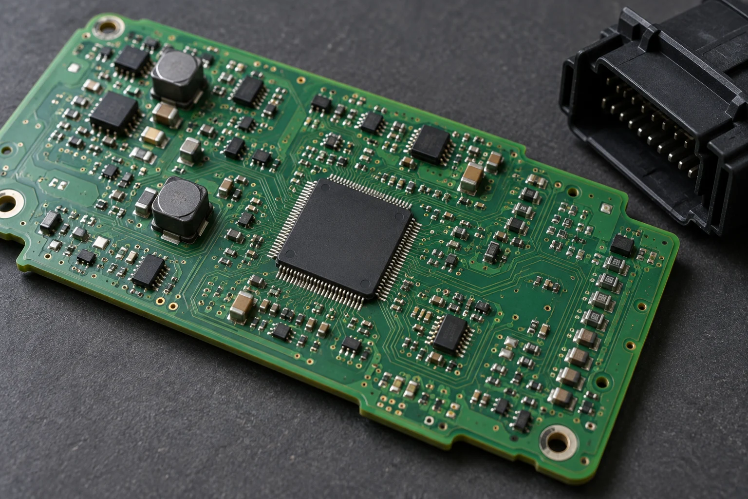 Automotive circuit board with control chip and electrical connector