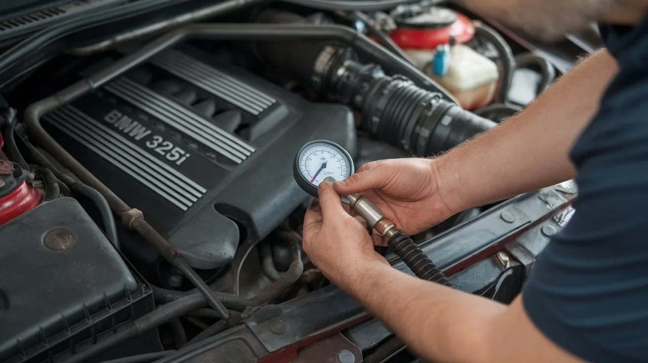 Illustration of a fuel-system component being inspected beside an engine