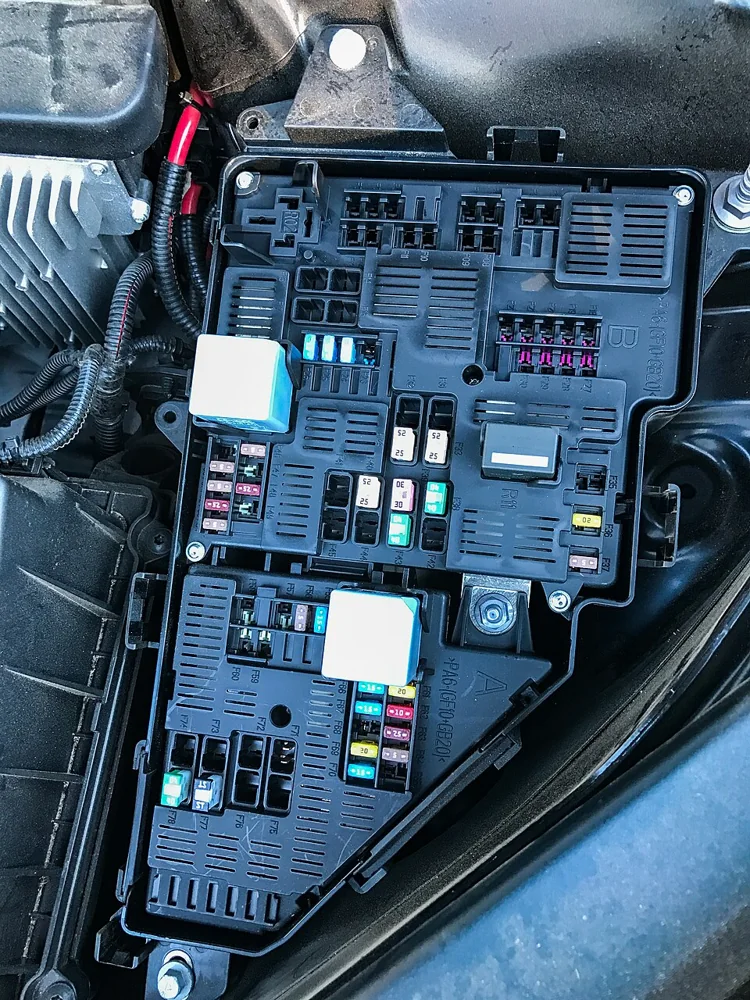 Open automotive fuse box showing individual blade fuses