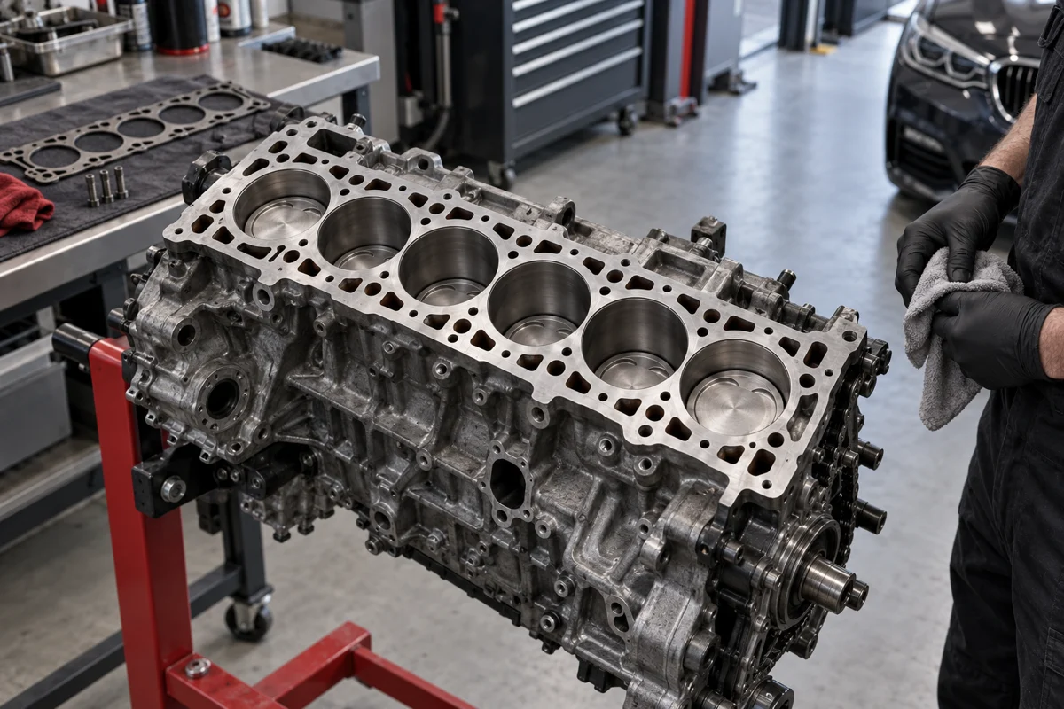 Exposed six-cylinder engine block on an engine stand