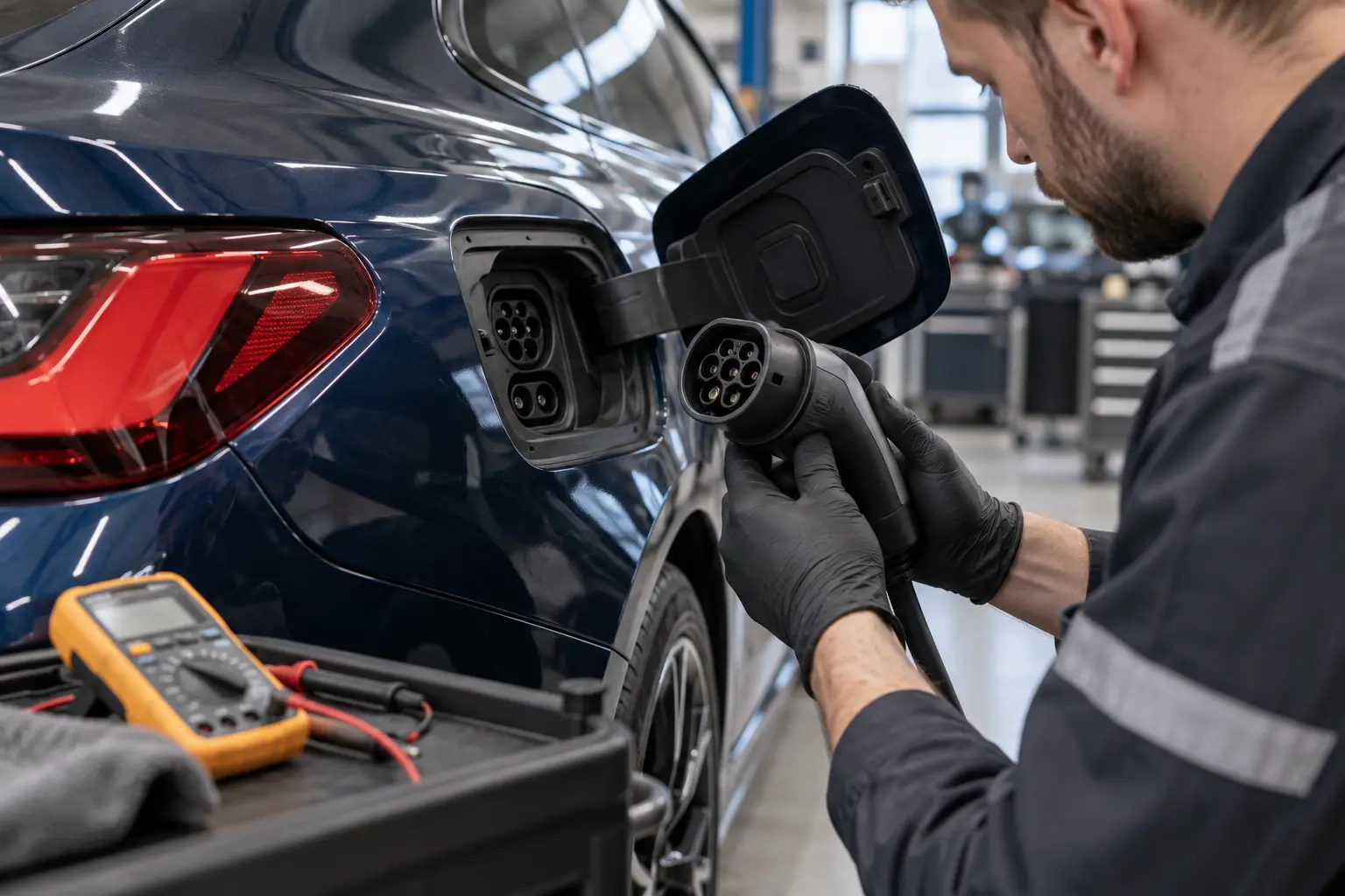 Technician inspecting a BMW i4 charge port and connector