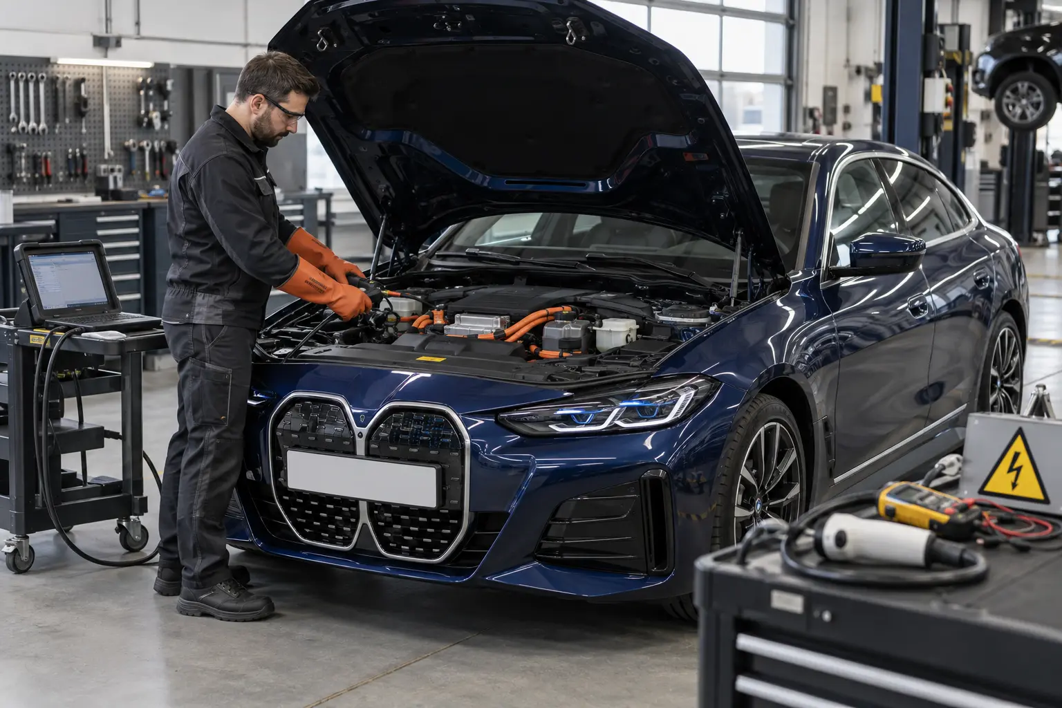 EV-trained technician diagnosing a BMW i4