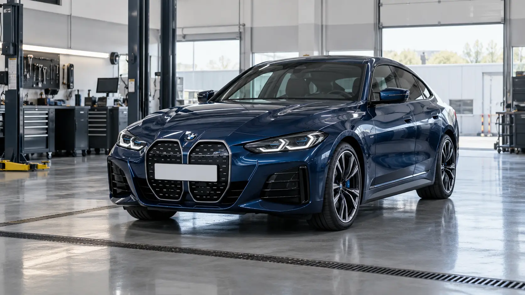 BMW i4 electric fastback in a specialist workshop in Dubai
