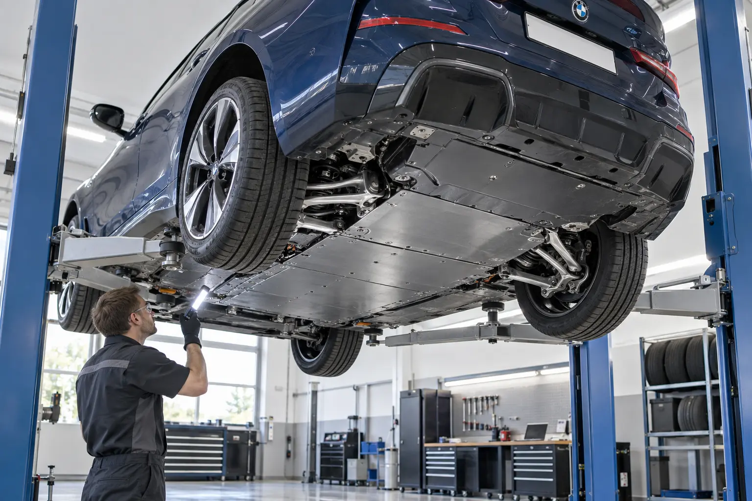BMW i4 raised for battery enclosure and underbody inspection