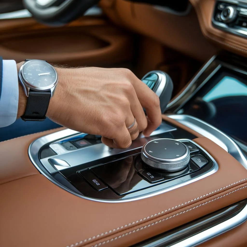 Illustration of a hand operating a BMW iDrive rotary controller