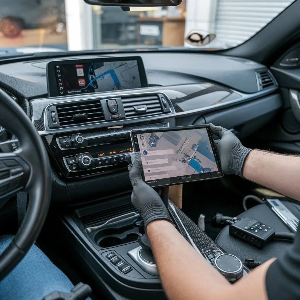 Illustration of BMW dashboard electronics being assessed with diagnostic equipment