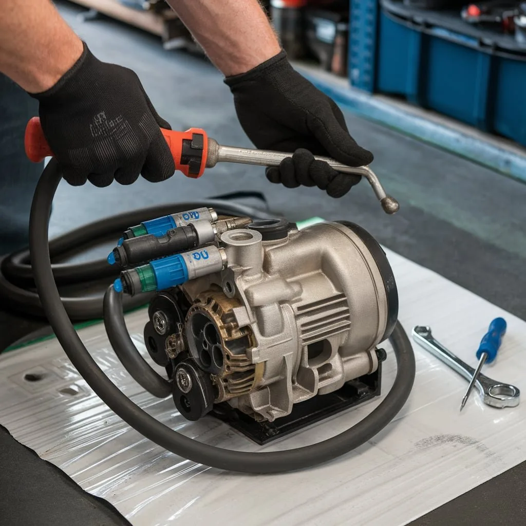Illustration of an in-tank fuel pump module on a workbench