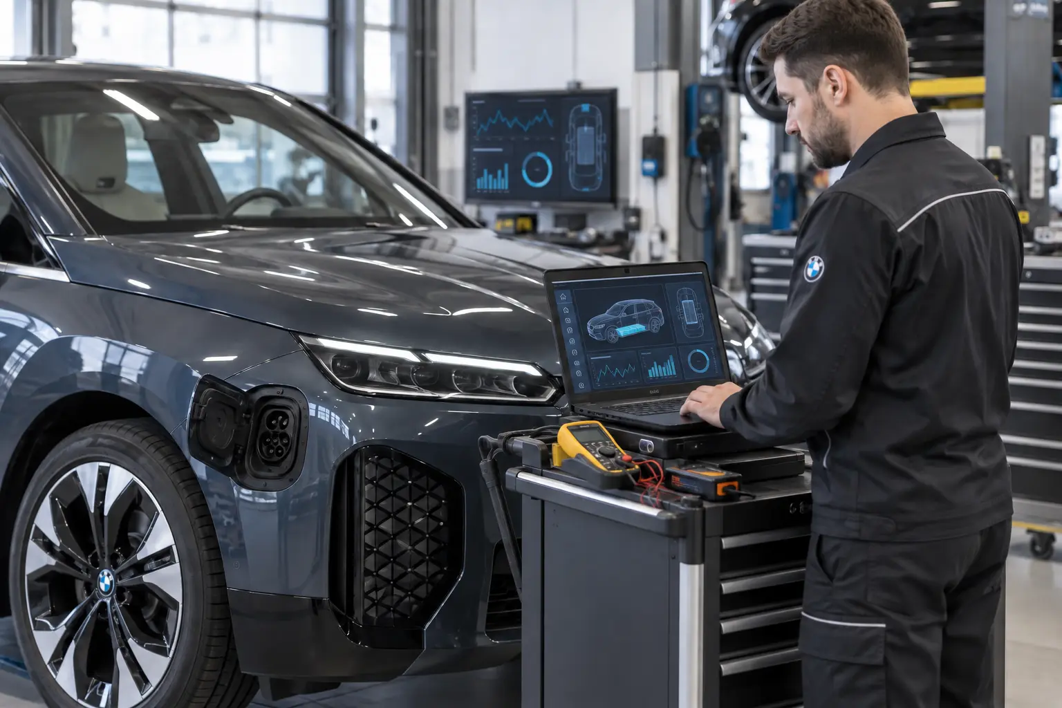 Technician checking BMW iX charging and electrical diagnostic data