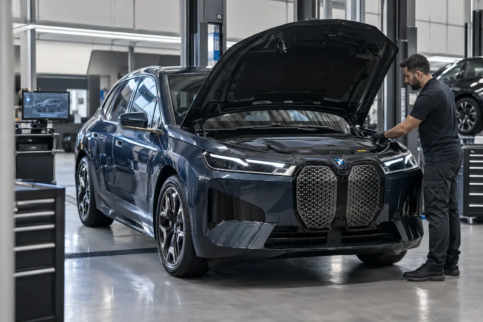 BMW iX electric SUV undergoing diagnostics in a modern workshop