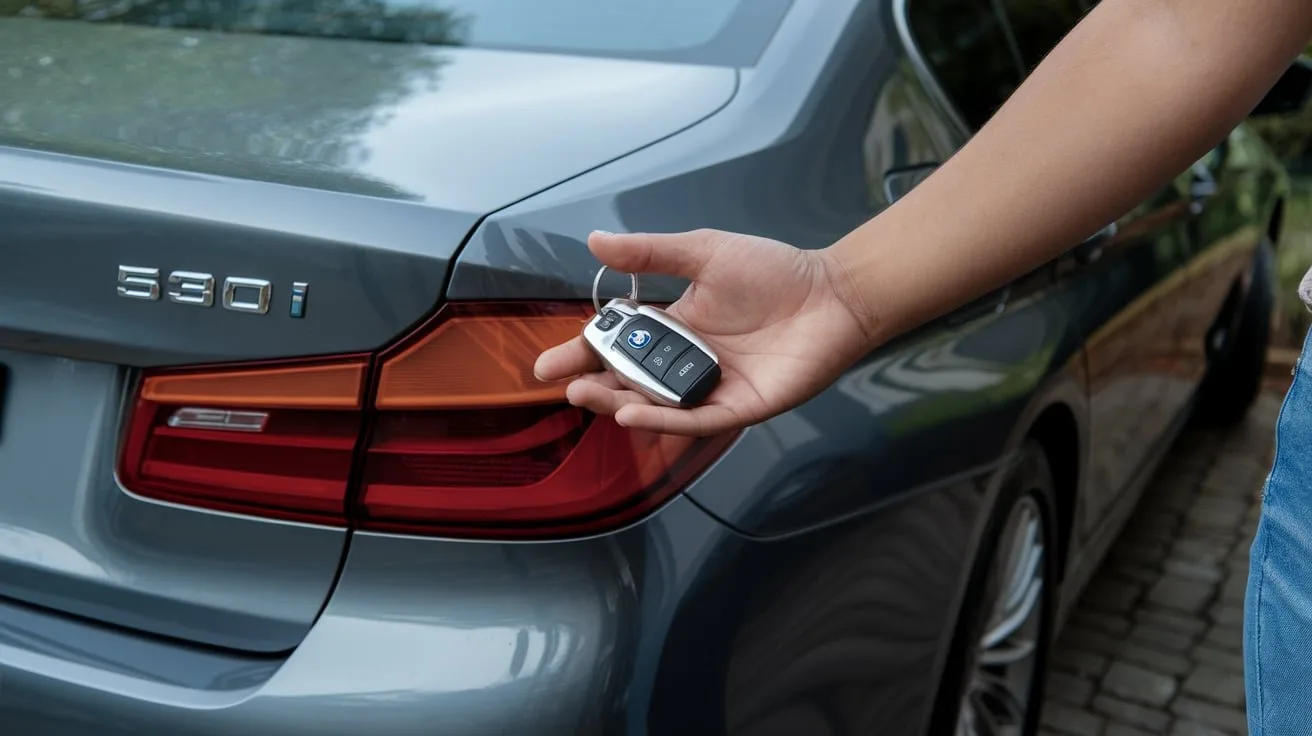 Remote key held beside a BMW boot