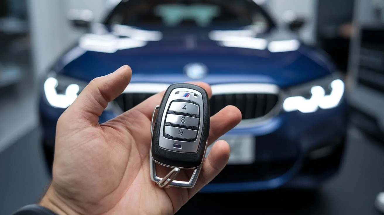 BMW-style remote key held in front of a car