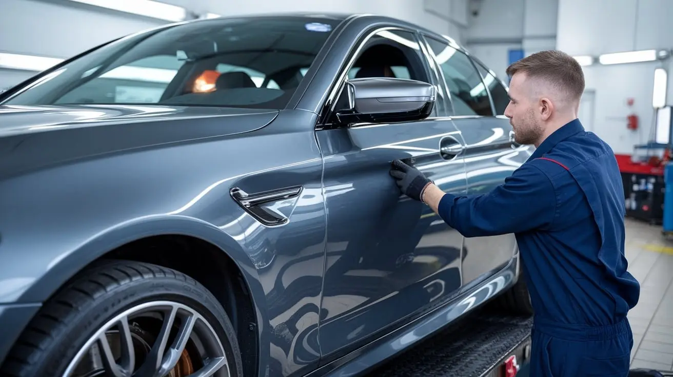 Grey BMW M5 inspected at a specialist workshop in Dubai