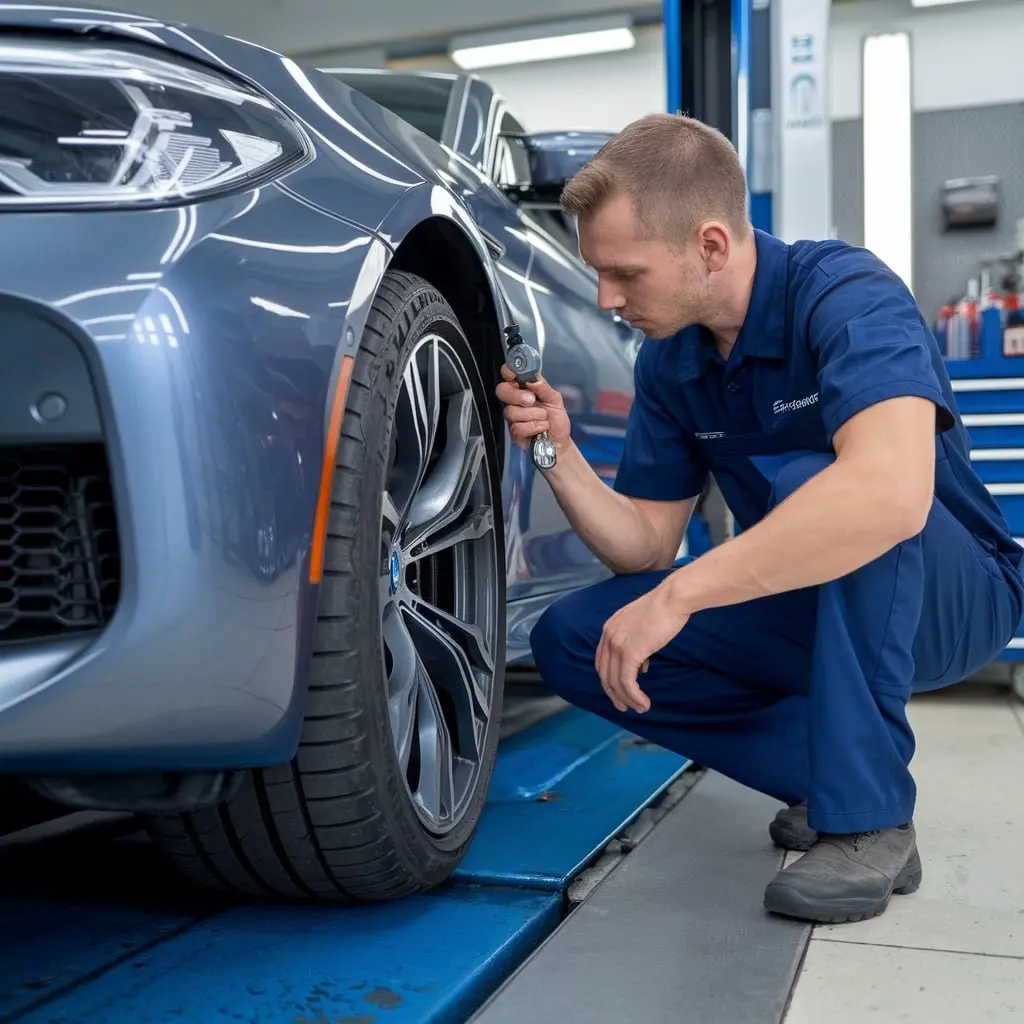 Grey BMW M5 undergoing suspension and wheel inspection