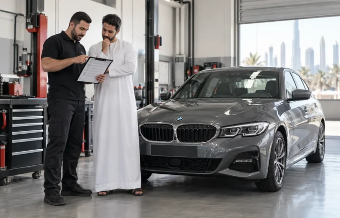 BMW owner and service adviser reviewing a maintenance checklist beside a grey BMW in a Dubai workshop