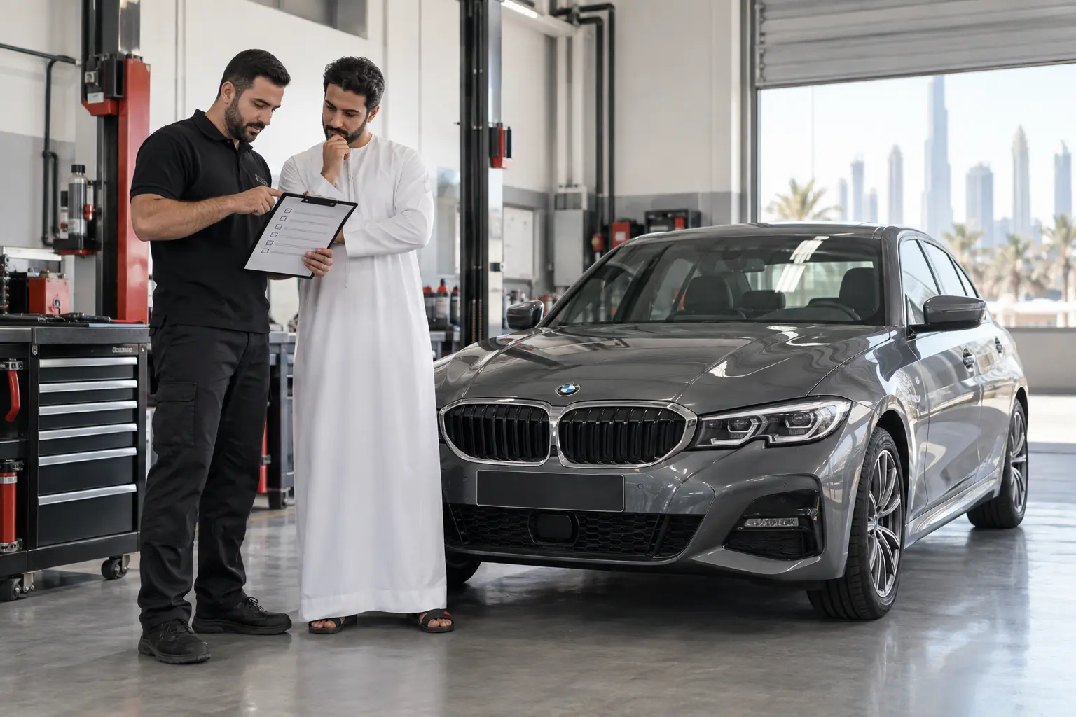 BMW owner and service adviser reviewing a maintenance checklist beside a grey BMW in a Dubai workshop