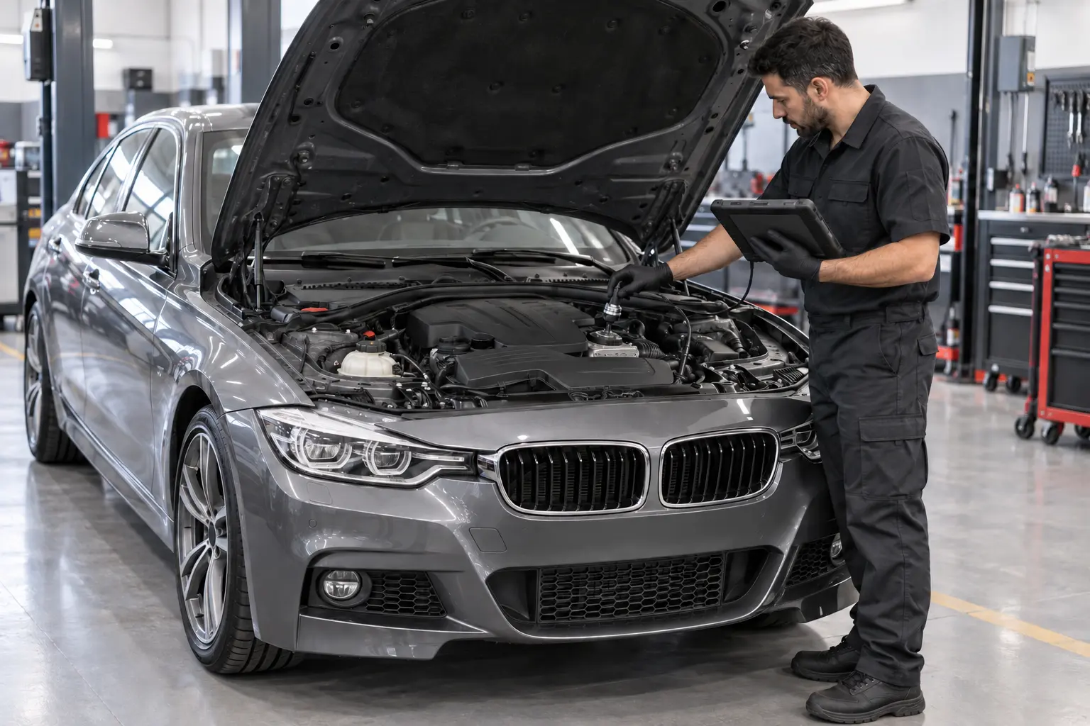 Technician performing a diagnostic and engine-noise check on a grey BMW with an N20 engine