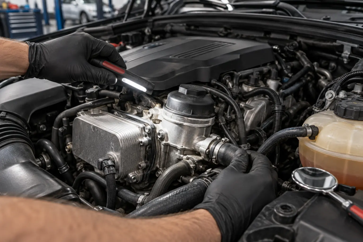 Oil filter housing and cooling hose area being inspected on a BMW N20 engine
