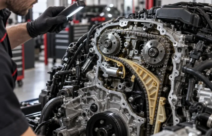 BMW N20 timing chain, guides and sprockets being inspected in a workshop