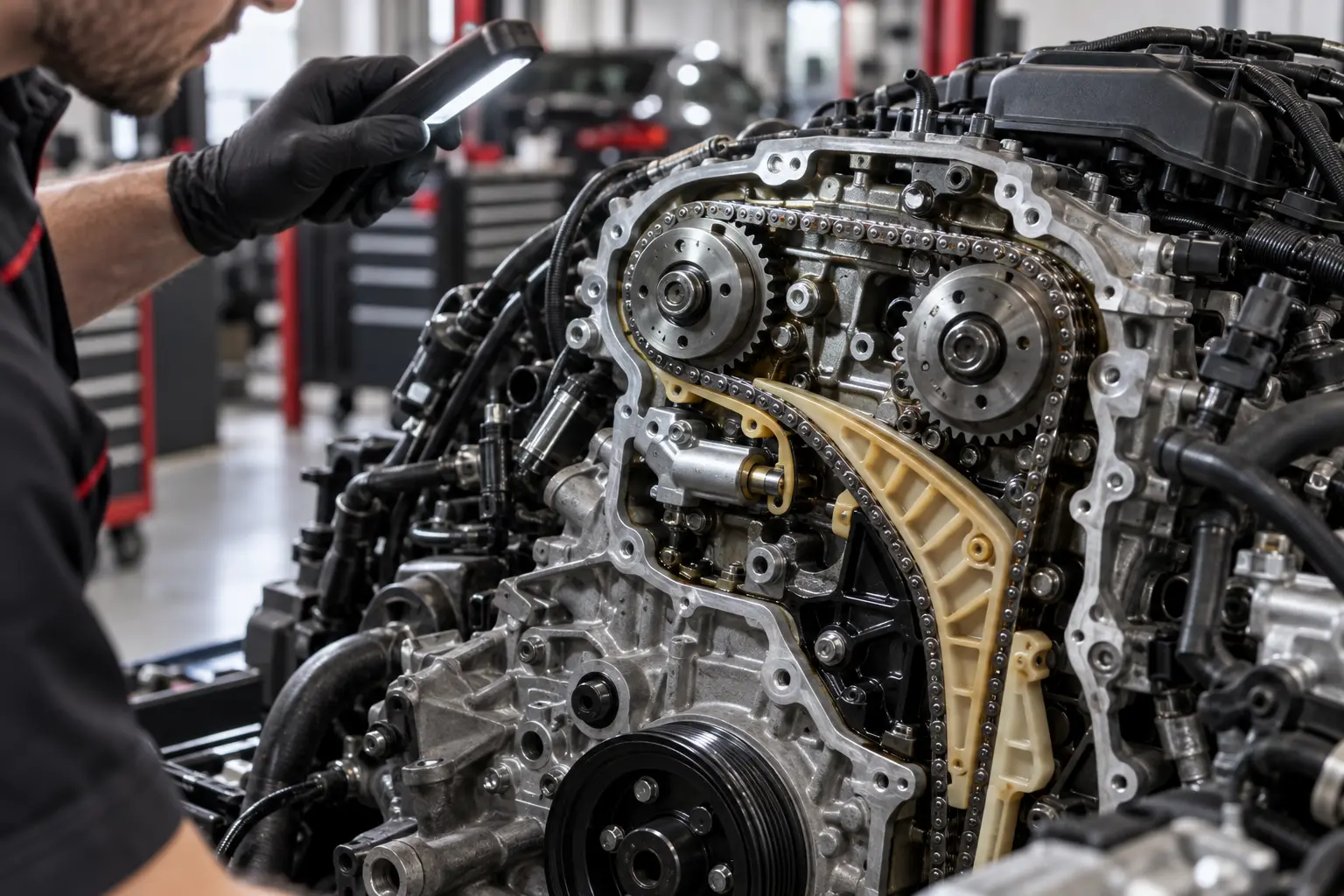BMW N20 timing chain, guides and sprockets being inspected in a workshop