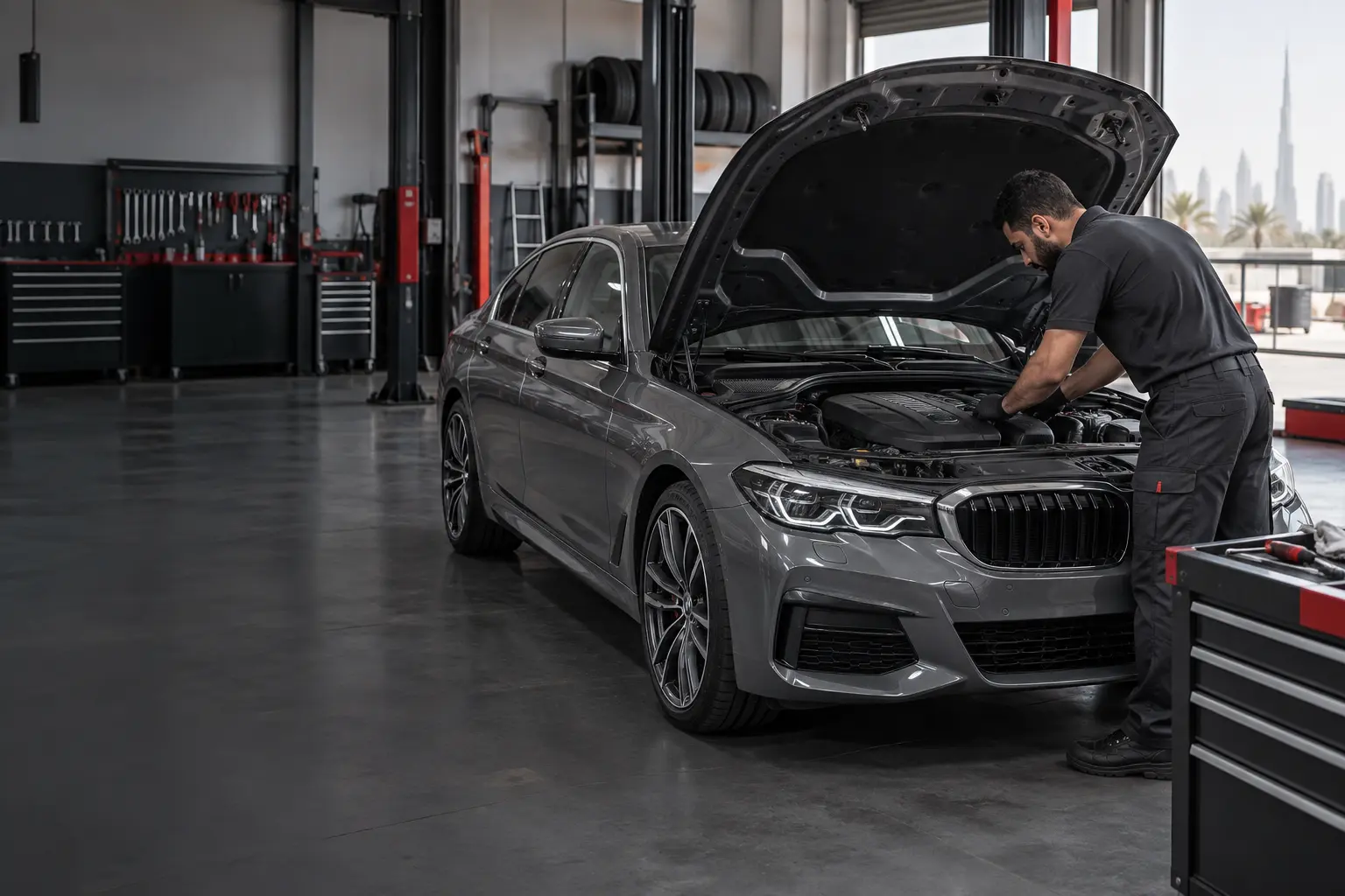 Technician diagnosing a grey BMW that will not start in a Dubai workshop