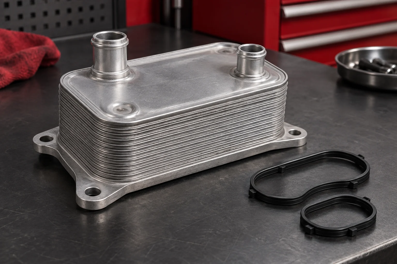 Compact stacked-plate oil heat exchanger with black sealing rings