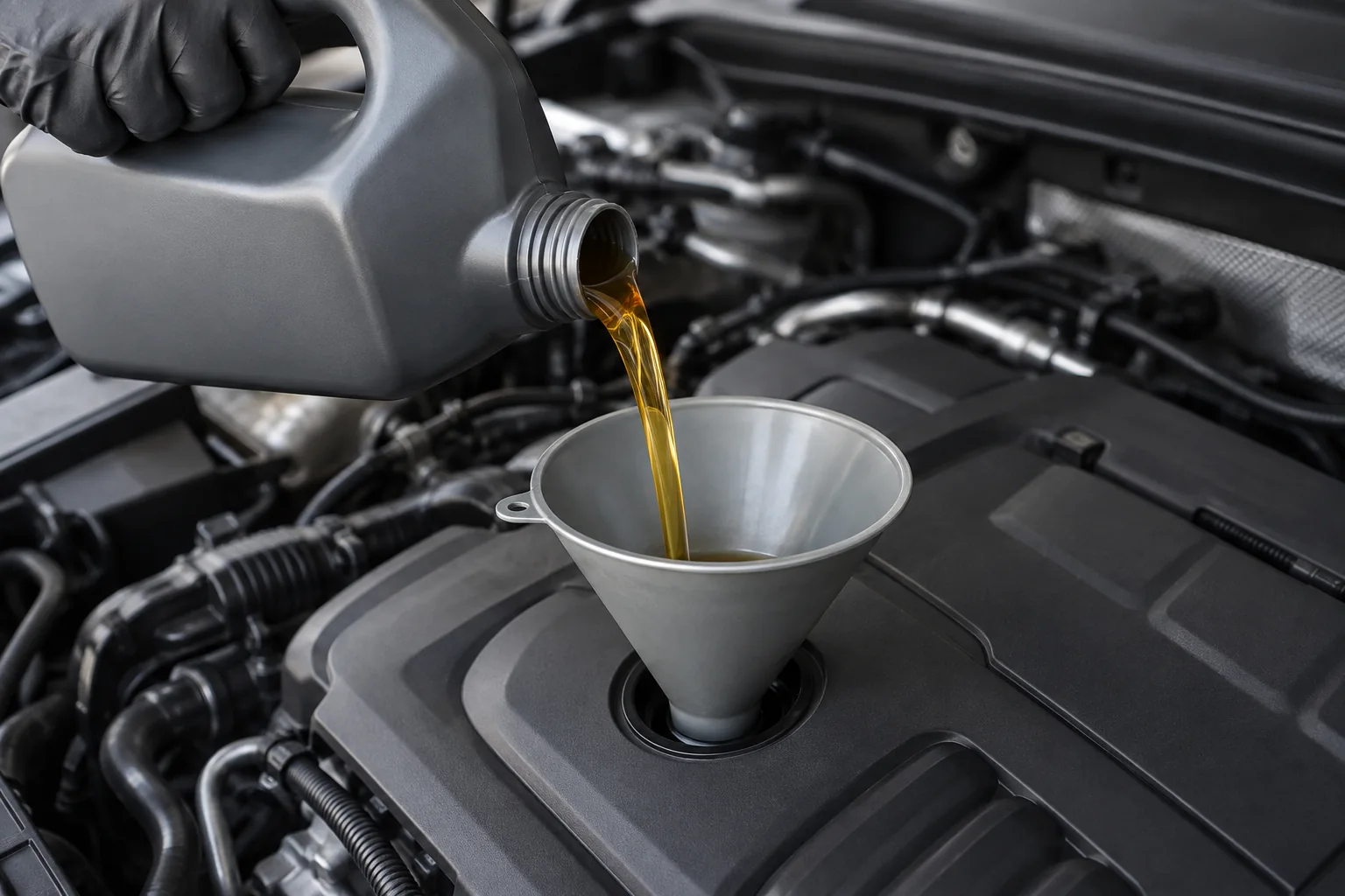 Fresh engine oil being added through a filler funnel