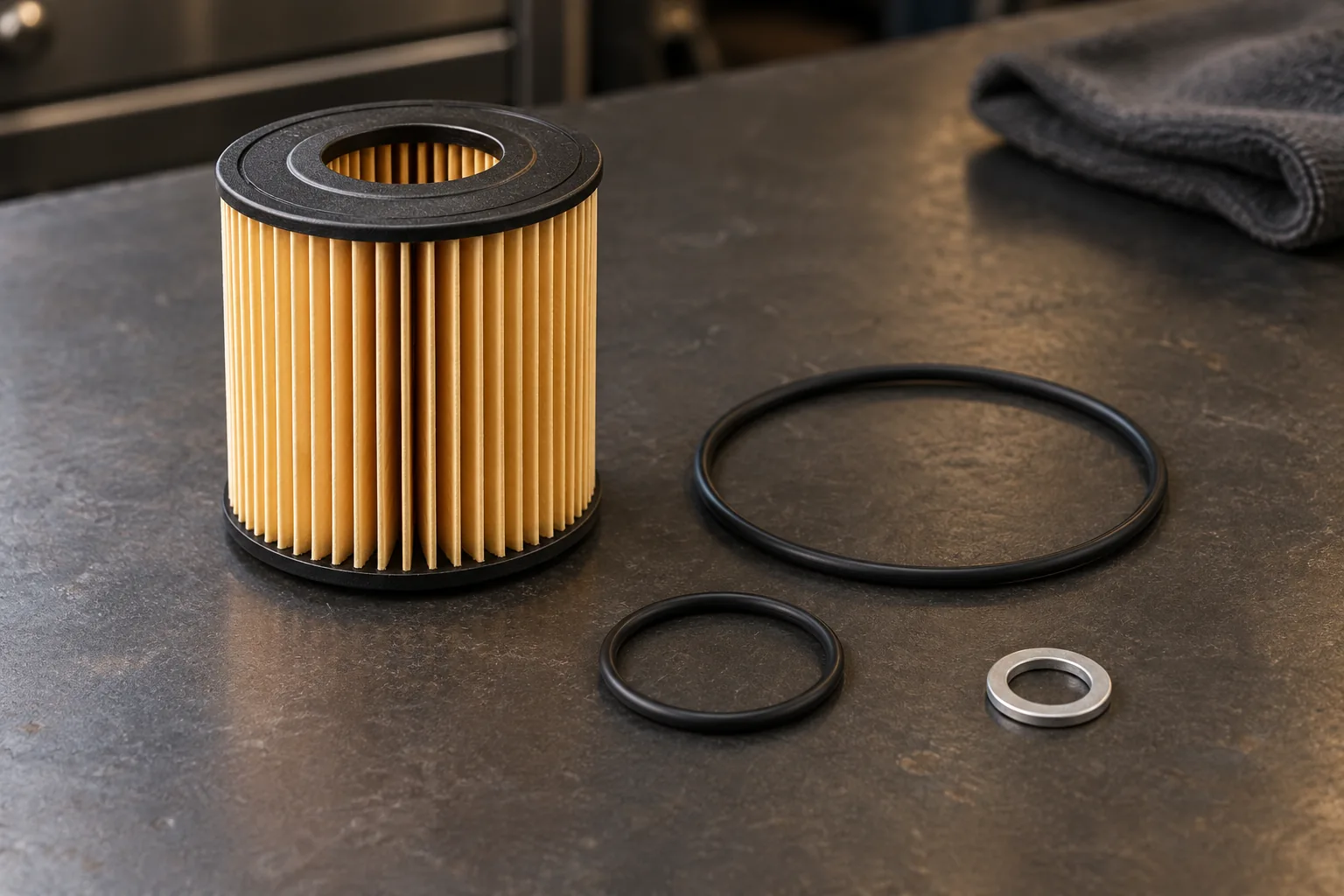 Oil-filter cartridge with sealing rings and washer