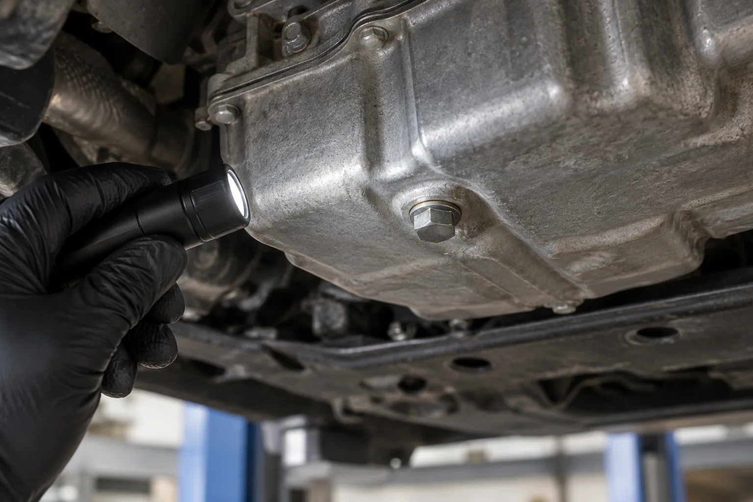 Inspection light illuminating an engine oil drain plug