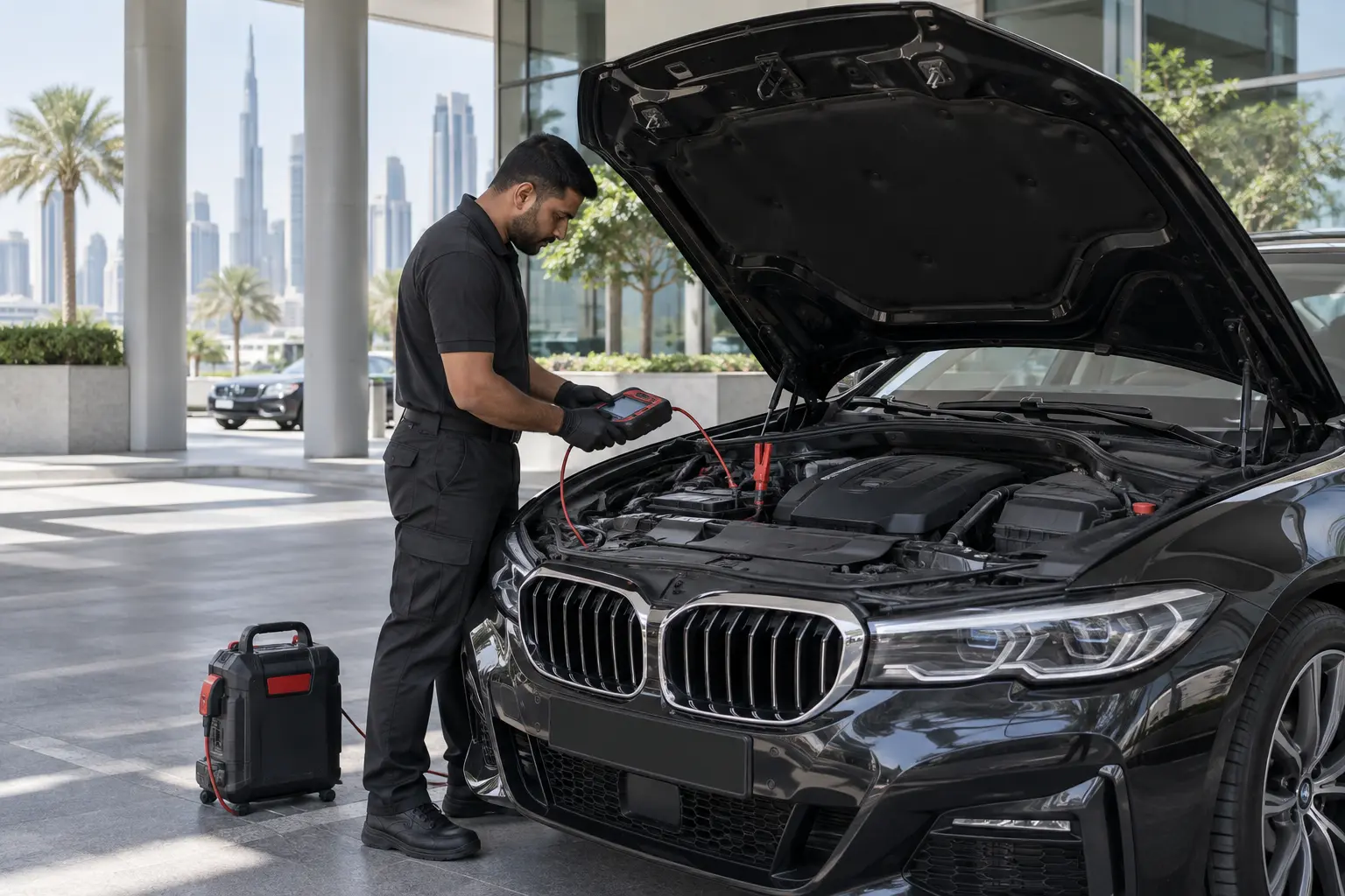 Illustration of a technician testing a BMW battery during roadside assistance in Dubai