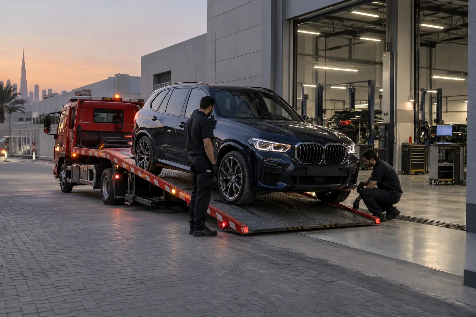 Illustration of a BMW roadside recovery vehicle arriving at a Dubai workshop
