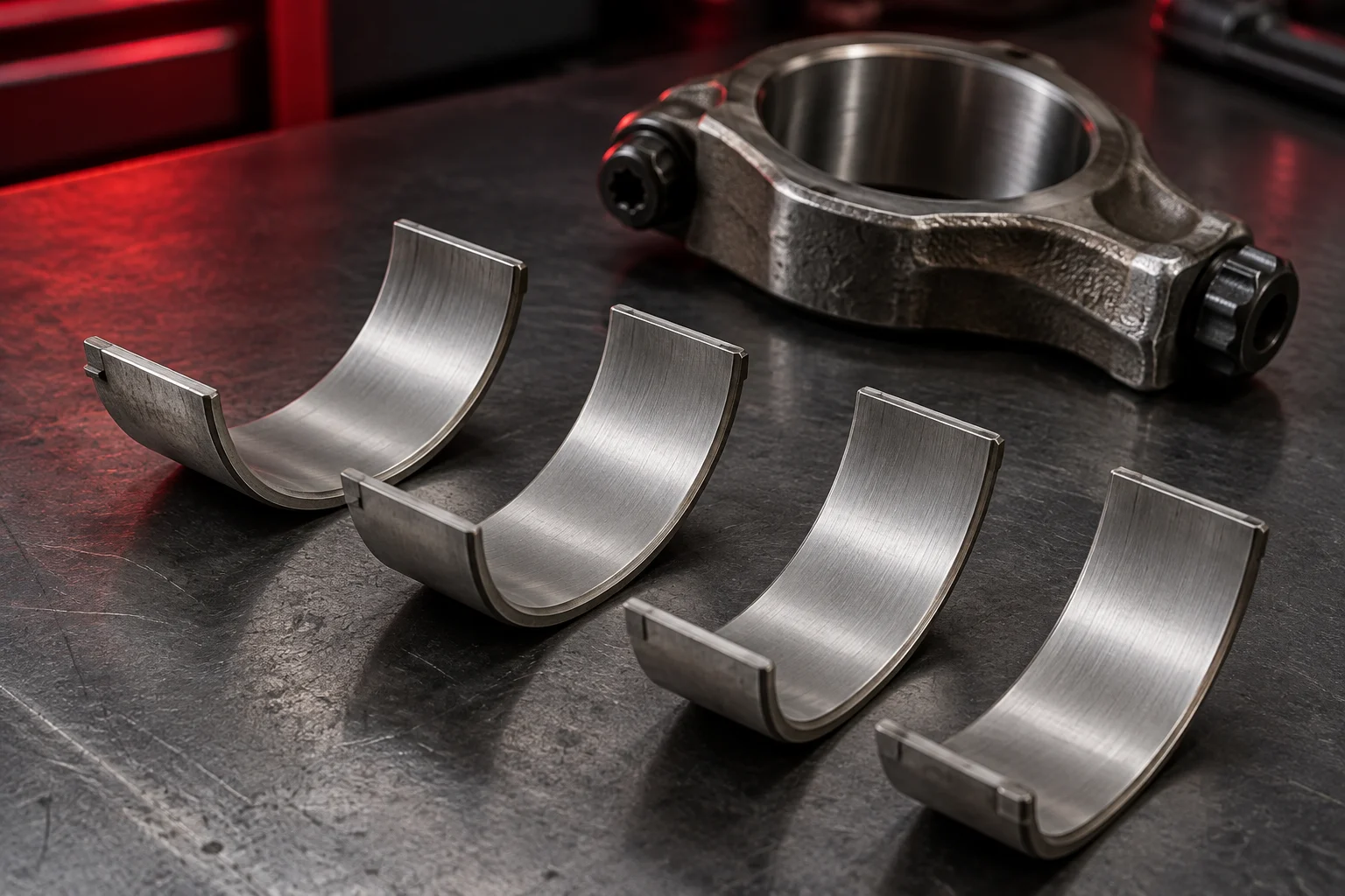 Semicircular connecting-rod bearing shells on a dark workbench
