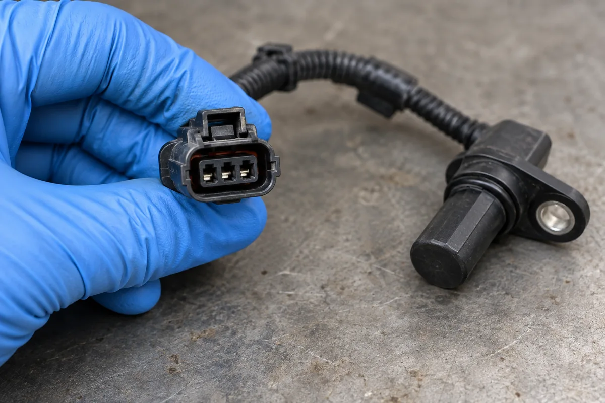 Gloved hand holding a three-contact sensor wiring connector