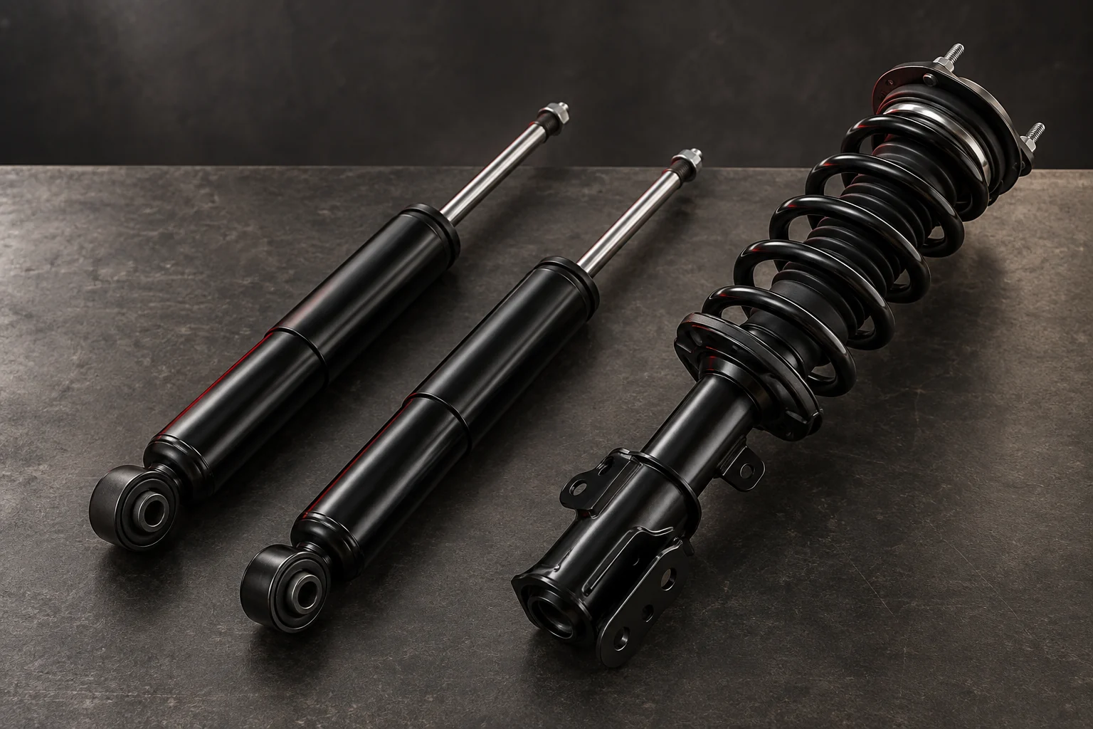 Automotive illustration of shock absorbers and a coil-spring strut on a dark workbench