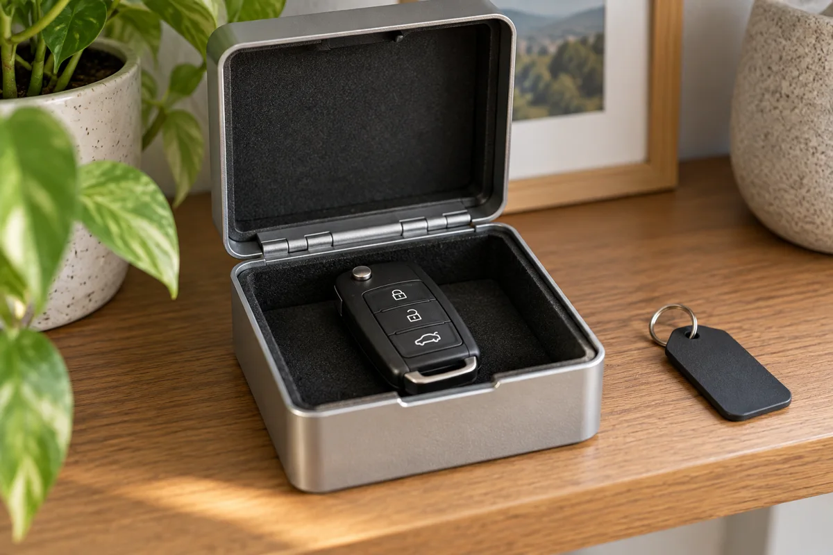 Spare car key stored in a small box
