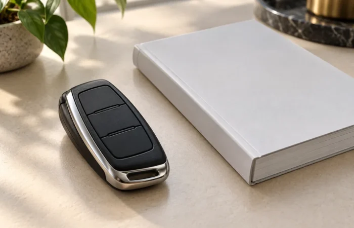 Car key fob beside an owner handbook