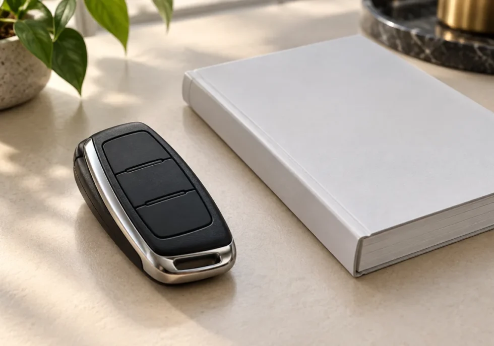 Car key fob beside an owner handbook
