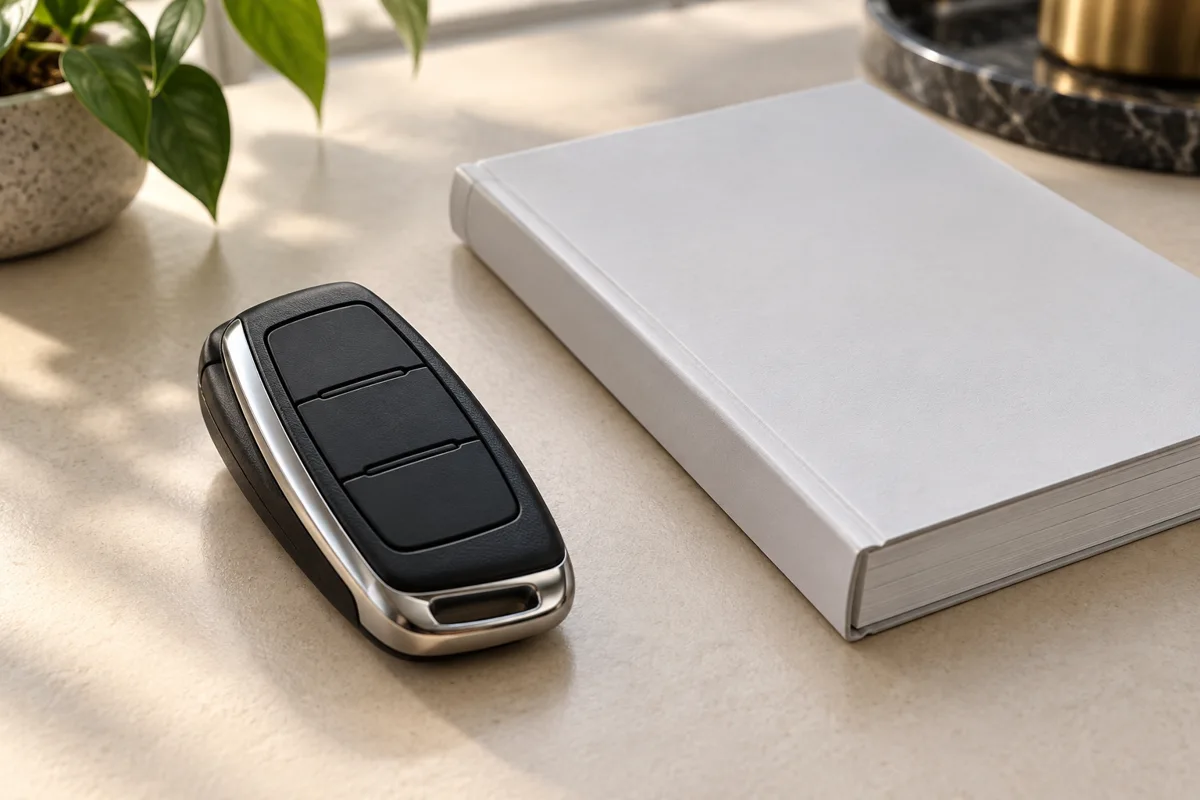 Car key fob beside an owner handbook