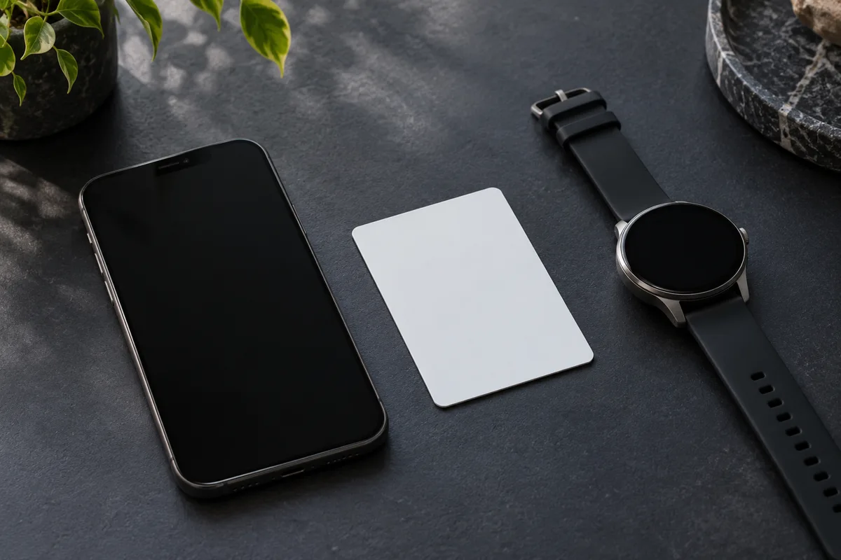 Smartphone, smartwatch and access card on a tabletop