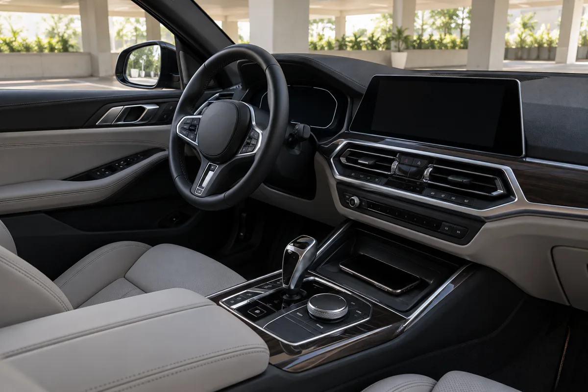 Parked sedan interior with an inactive center display