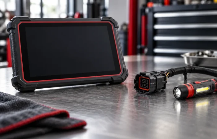 Diagnostic tablet, wiring connector and inspection flashlight on a workbench