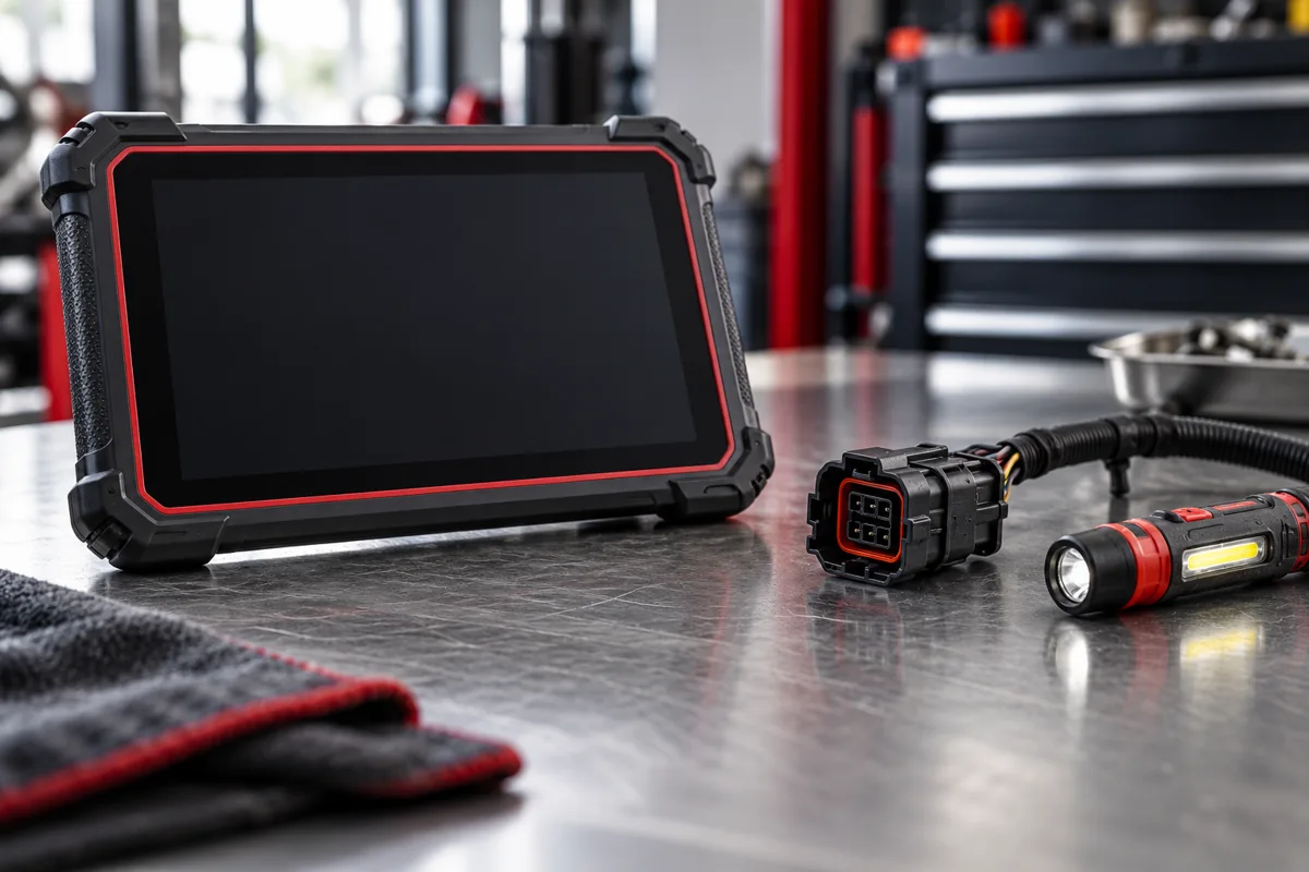 Diagnostic tablet, wiring connector and inspection flashlight on a workbench