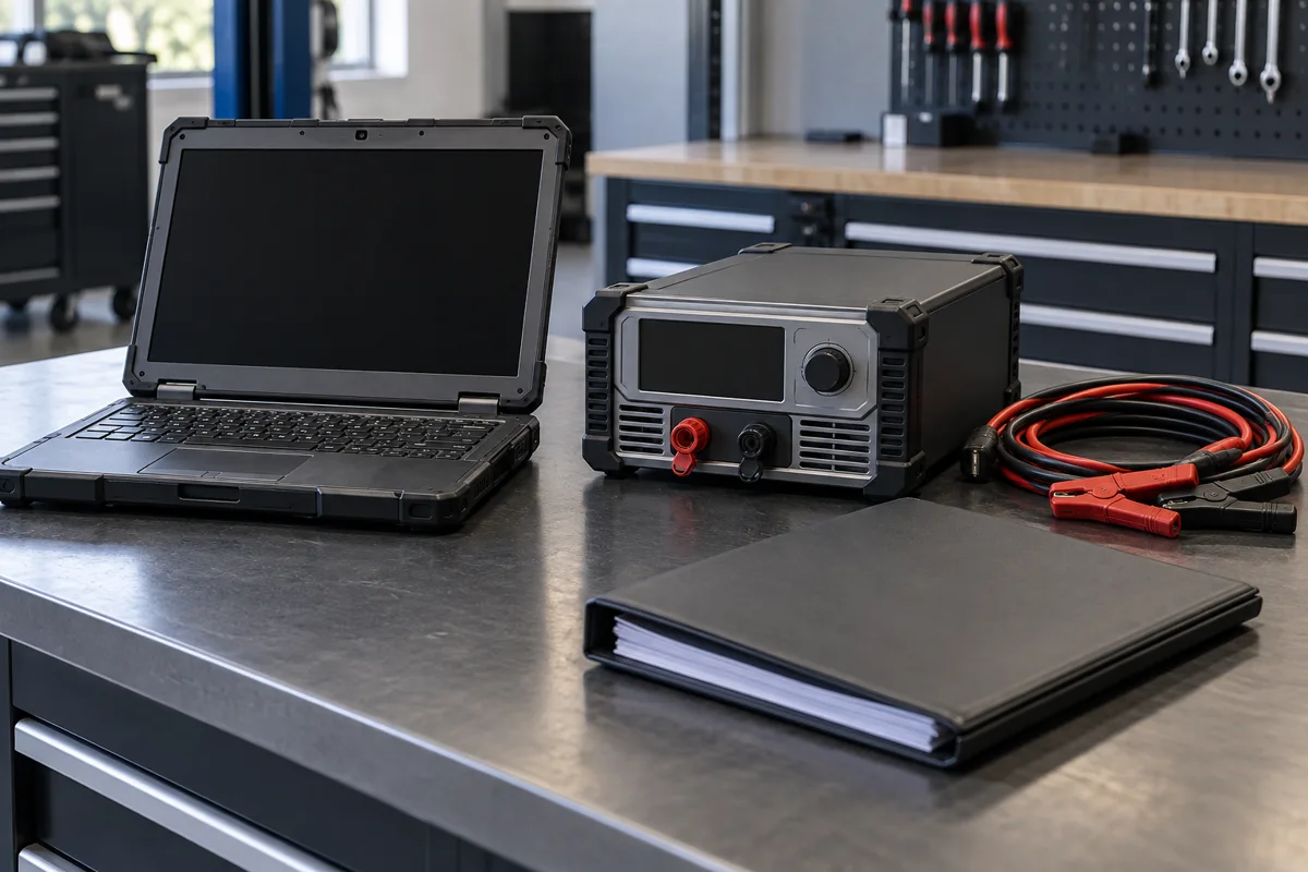 Workshop laptop and power support equipment with disconnected leads