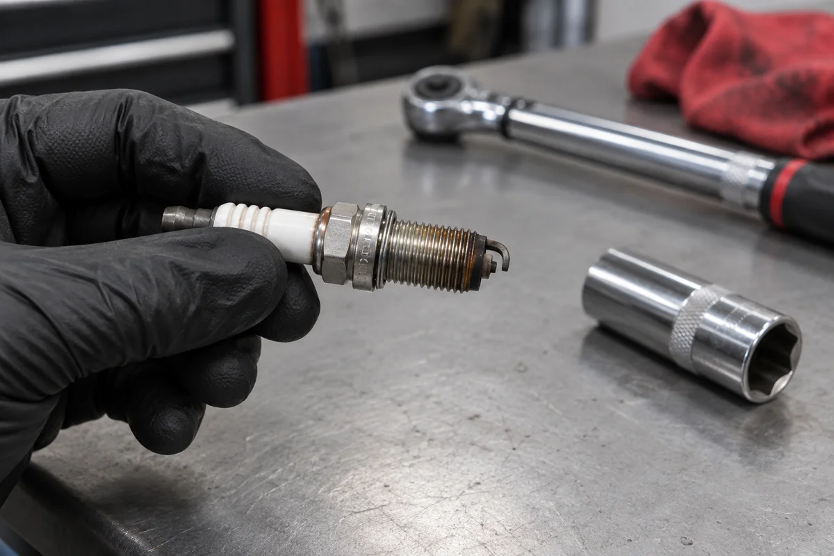 Technician inspecting a removed spark plug