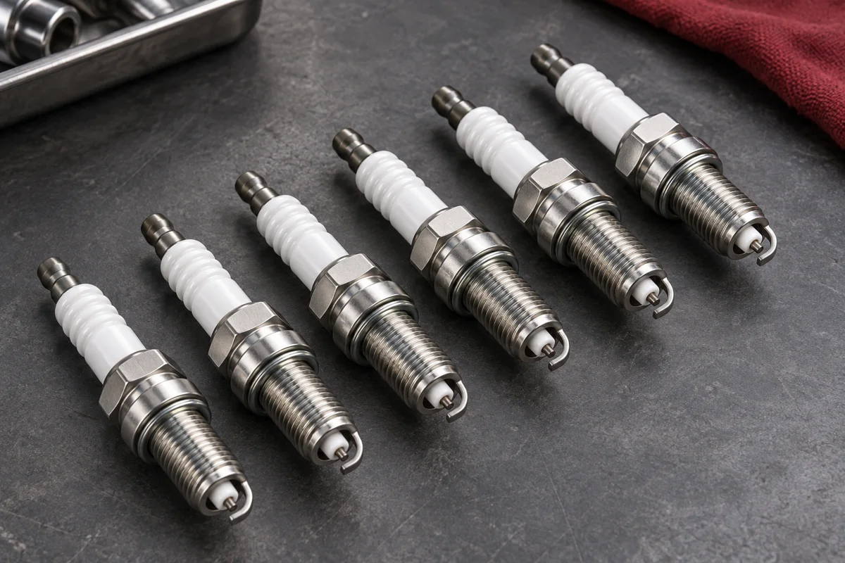 Six spark plugs arranged on a workshop bench