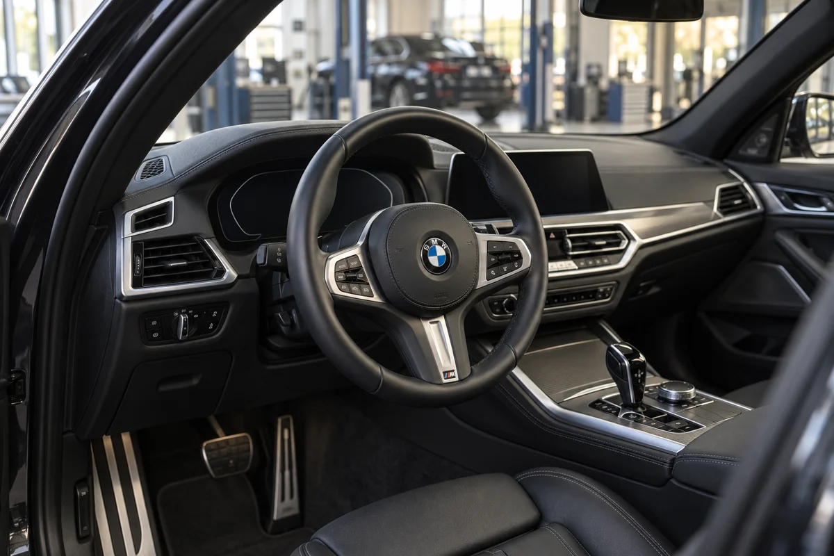 BMW leather steering wheel and dashboard in a workshop