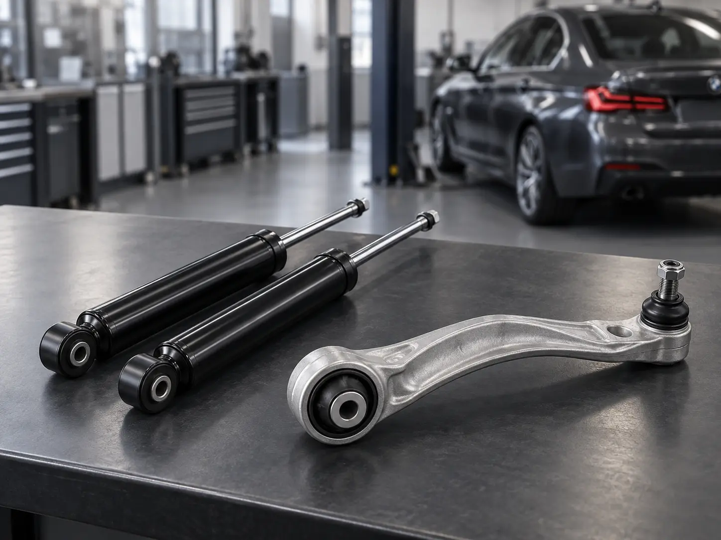 Suspension dampers and control arm used to illustrate ride-related components