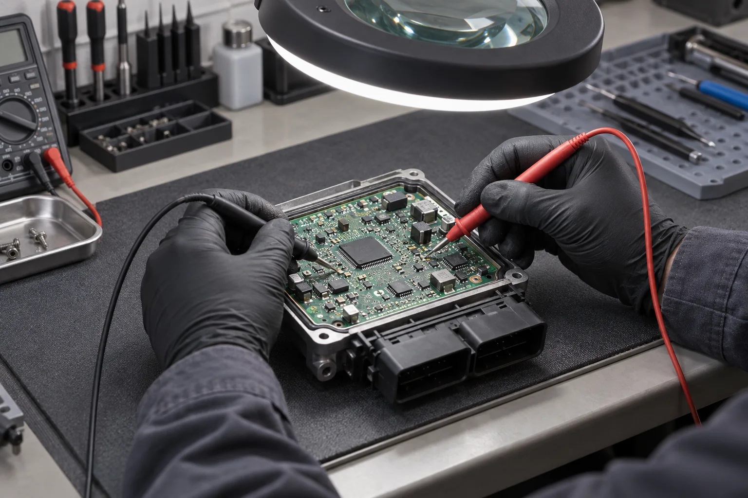 Illustration of examining an electronic controller board with test probes